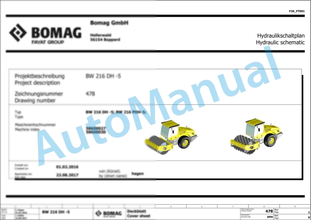 Bomag BW 216 PDH-5 Single Drum Vibratory Rollers Electric, Hydraulic Schematics Diagram 101586941001 - 101586949999