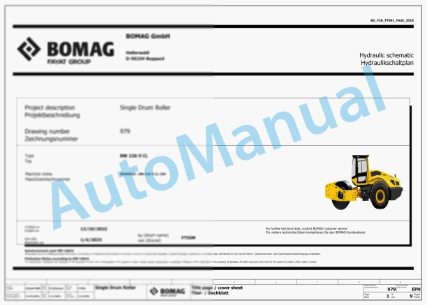 Bomag BW 226 -5 CL Single Drum Vibratory Rollers Hydraulic Schematics Diagram 961884351001 - 961884359999