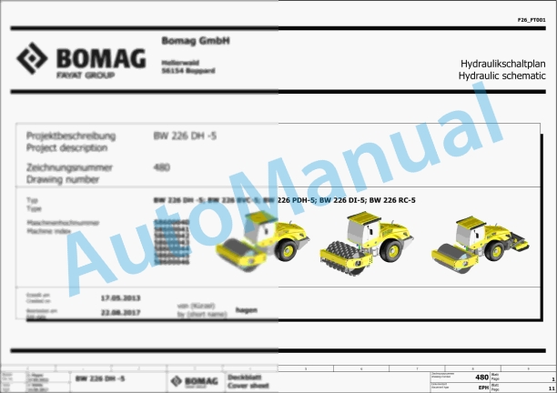 Bomag BW 226 BVC-5 Single Drum Vibratory Rollers Electric, Hydraulic Schematics Diagram 101587021001 - 101587029999