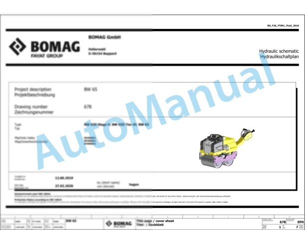 Bomag BW 65 D Walk Behind Double Drum Vibratory Roller Electric, Hydraulic Schematics Diagram 961834621001 - 961834629999
