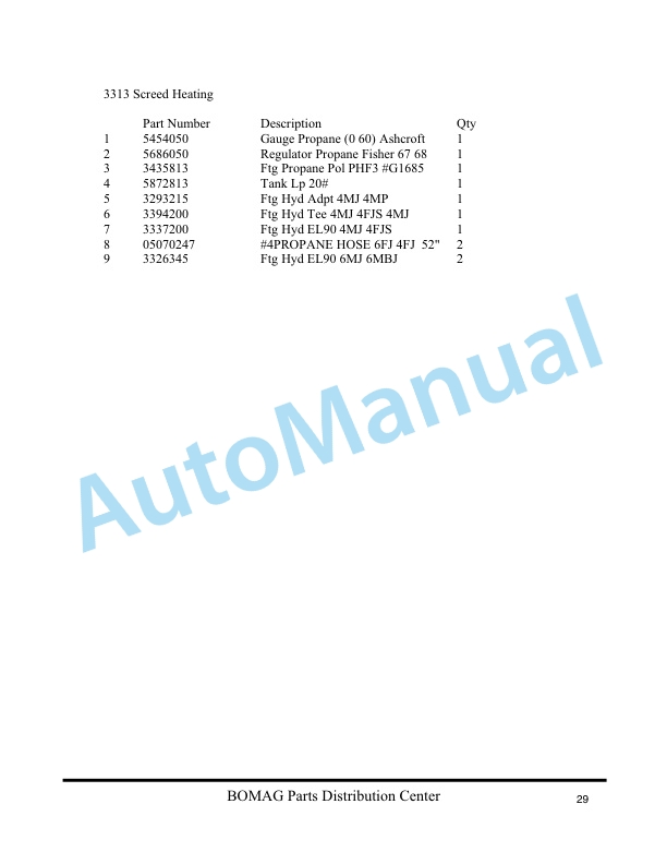Bomag 3313 Self Propelled Paver Spare Parts Catalogue 0852762-2