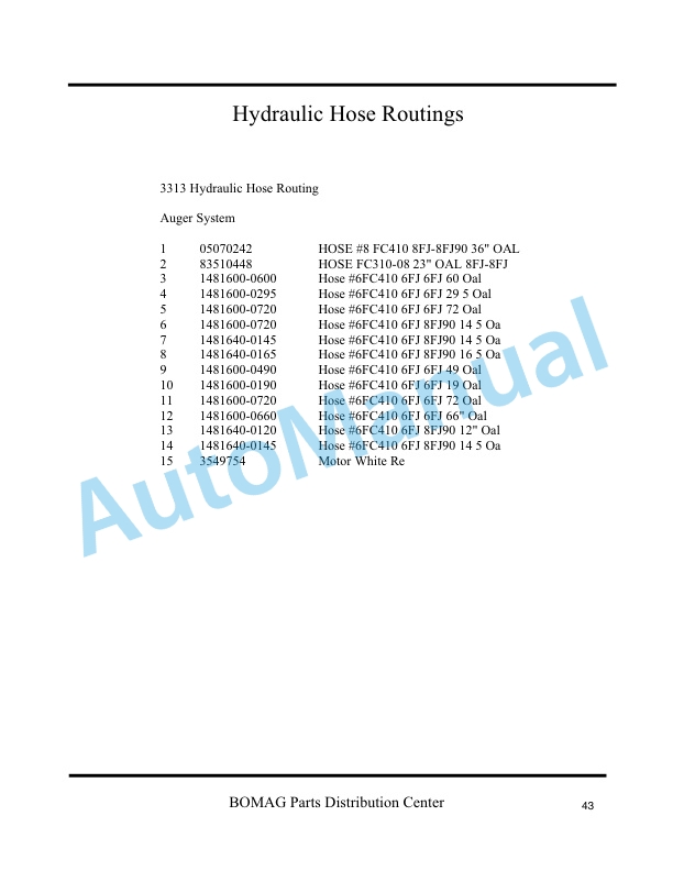Bomag 3313 Self Propelled Paver Spare Parts Catalogue 0852762-4