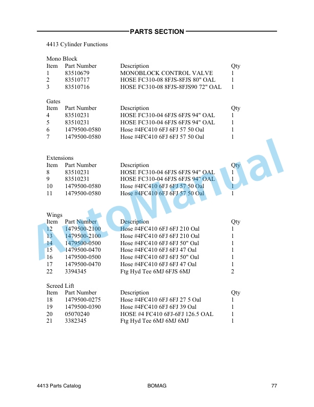 Bomag 4413 Self Propelled Paver Spare Parts Catalogue 0852764-3