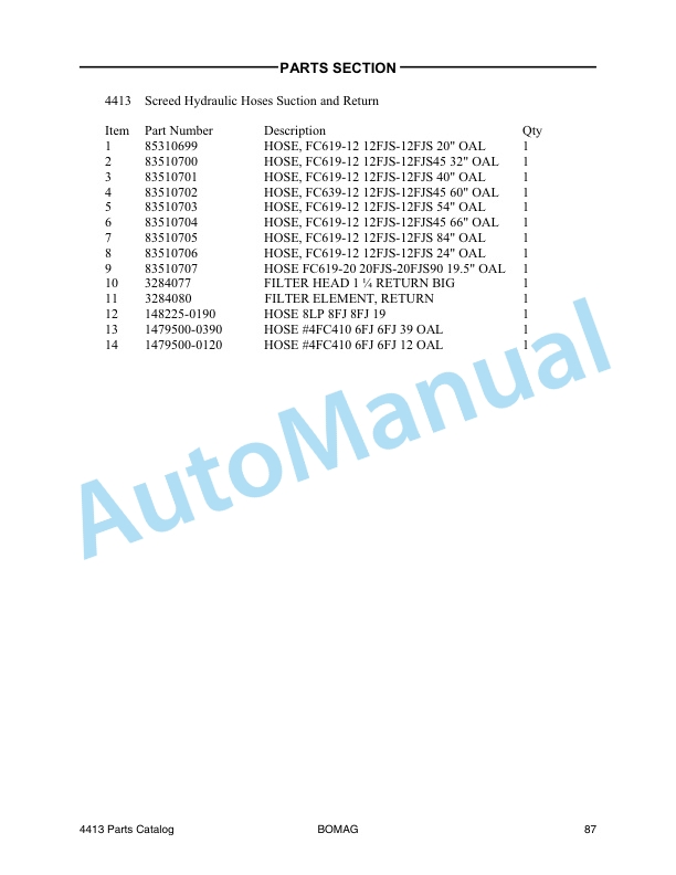 Bomag 4413 Self Propelled Paver Spare Parts Catalogue 0852764-4