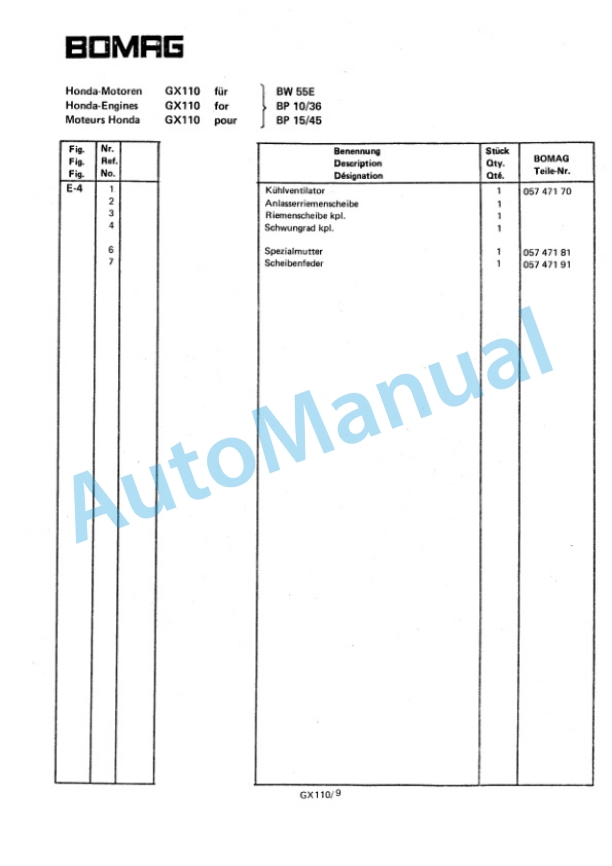 Bomag 55 E Double Vibratory Roller Spare Parts Catalogue 00811020-3