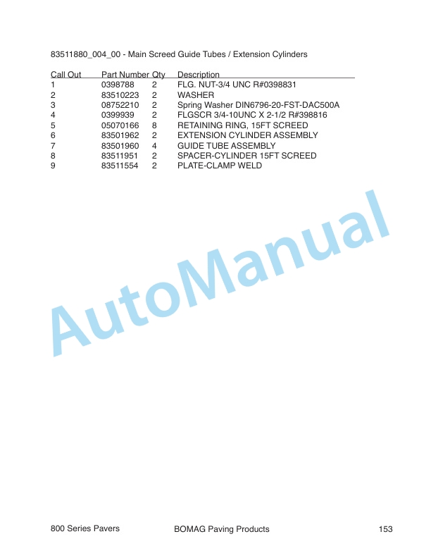 Bomag 815-2 Self Propelled Paver Spare Parts Catalogue 0852807-2