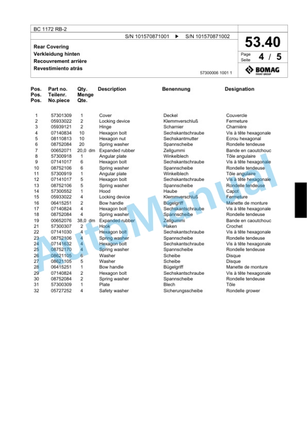 Bomag BC 1172 RB-2 Sanitary Landfill Compactor Spare Parts Catalogue 00818891-2