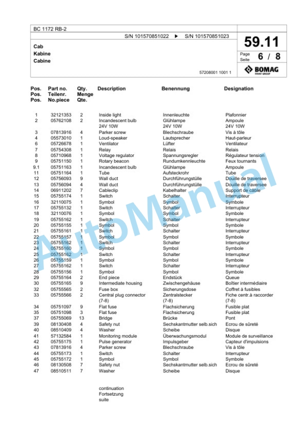 Bomag BC 1172 RB-2 Sanitary Landfill Compactor Spare Parts Catalogue 00824625-2