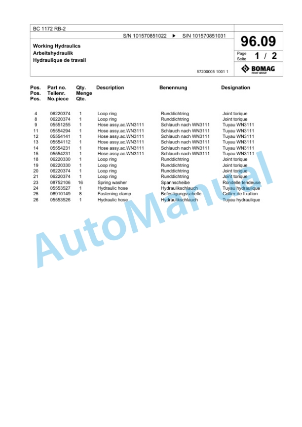 Bomag BC 1172 RB-2 Sanitary Landfill Compactor Spare Parts Catalogue 00824625-3