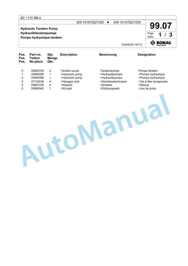 Bomag BC 1172 RB-4 Sanitary Landfill Compactor Spare Parts Catalogue 00824901-5