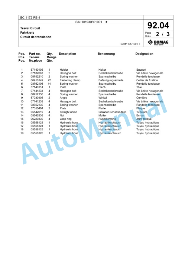 Bomag BC 1172 RB-4 Sanitary Landfill Compactor Spare Parts Catalogue 00825771-3