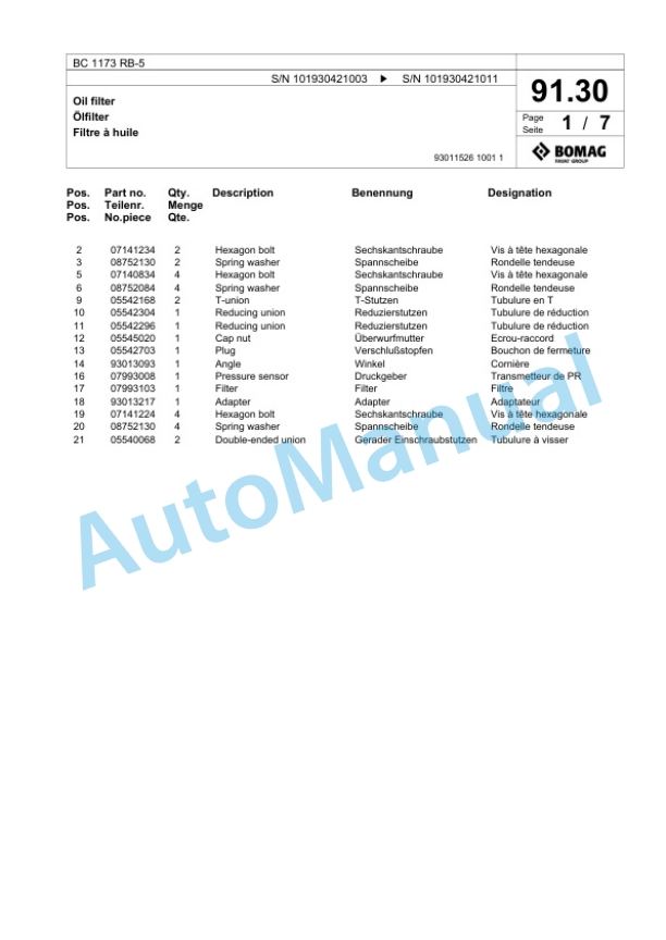 Bomag BC 1173 RB-5 Sanitary Landfill Compactor Spare Parts Catalogue 00826037-3