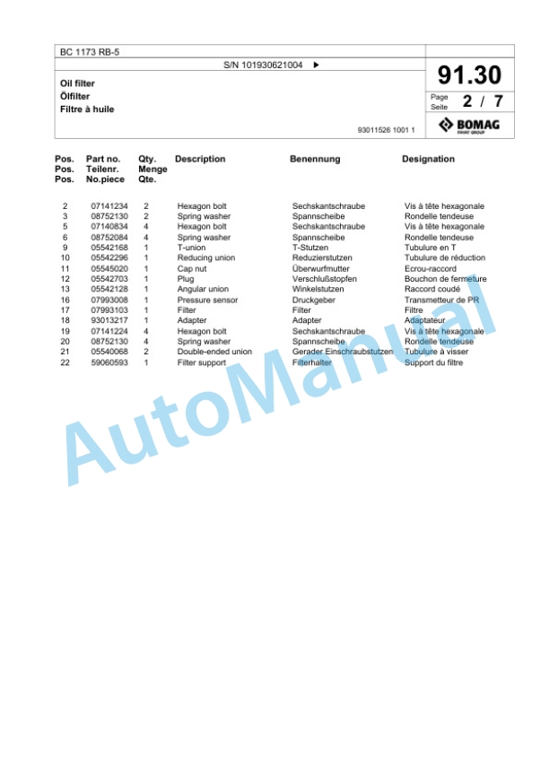 Bomag BC 1173 RB-5 Sanitary Landfill Compactor Spare Parts Catalogue 00826461-3