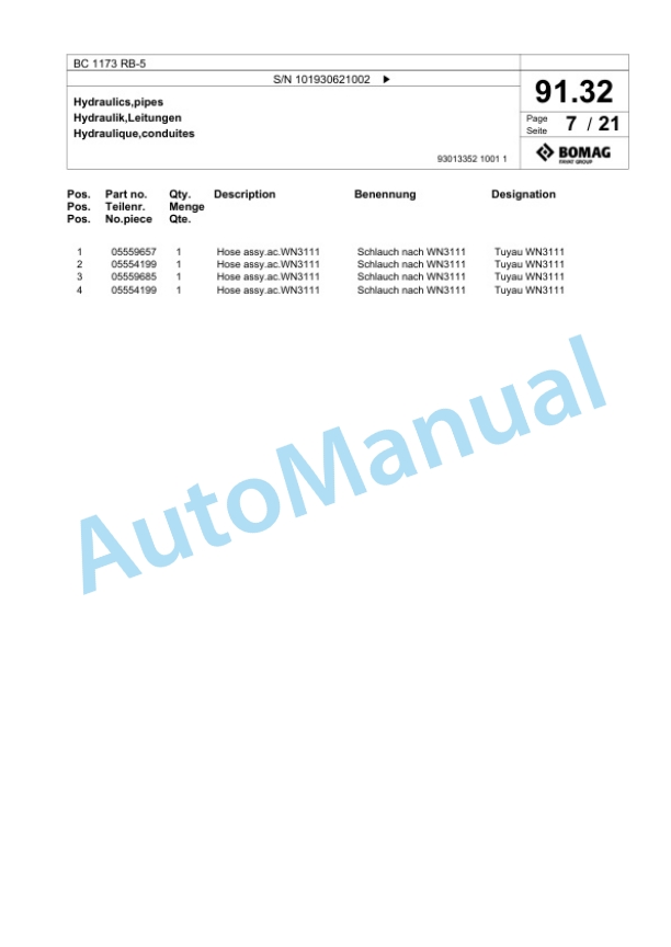 Bomag BC 1173 RB-5 Sanitary Landfill Compactor Spare Parts Catalogue 00826461-4