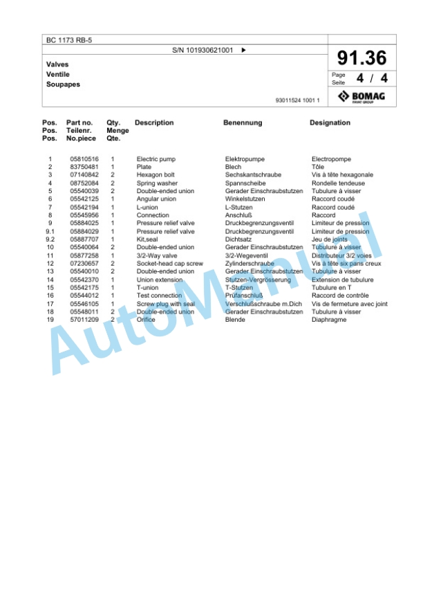 Bomag BC 1173 RB-5 Sanitary Landfill Compactor Spare Parts Catalogue 00826461-5