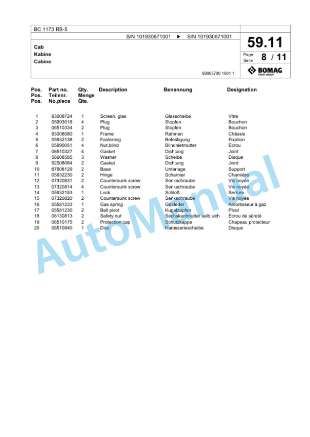 Bomag BC 1173 RB-5 Sanitary Landfill Compactor Spare Parts Catalogue 00826659-2
