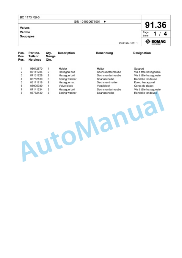 Bomag BC 1173 RB-5 Sanitary Landfill Compactor Spare Parts Catalogue 00826659-4