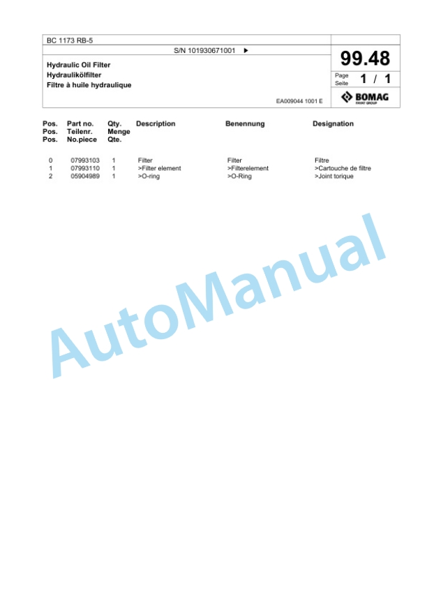 Bomag BC 1173 RB-5 Sanitary Landfill Compactor Spare Parts Catalogue 00826659-5