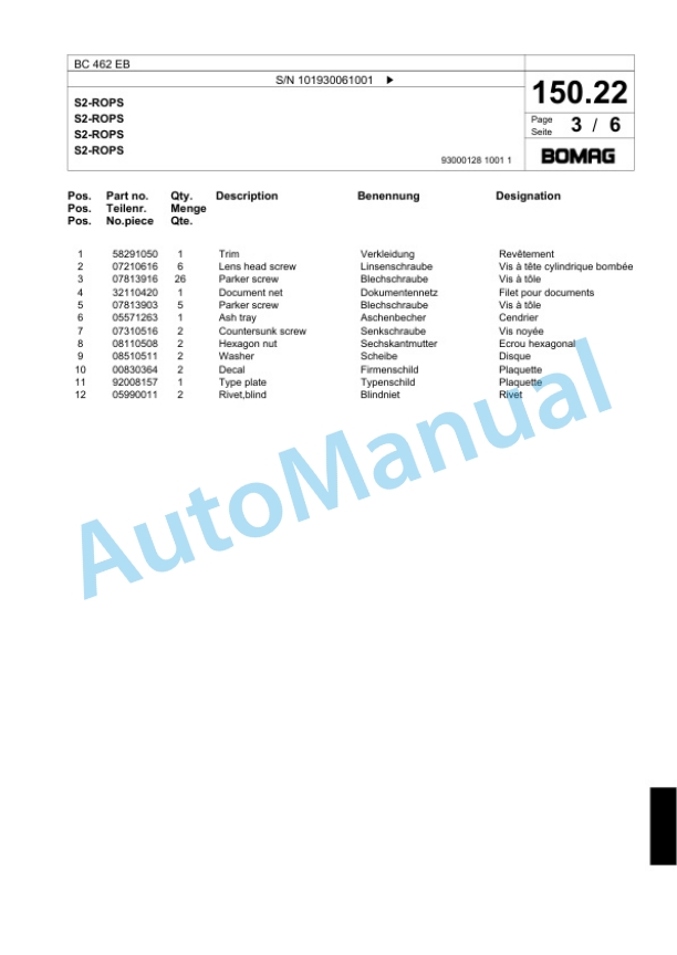 Bomag BC 462 EB Soil Compacter Spare Parts Catalogue 00818903-5