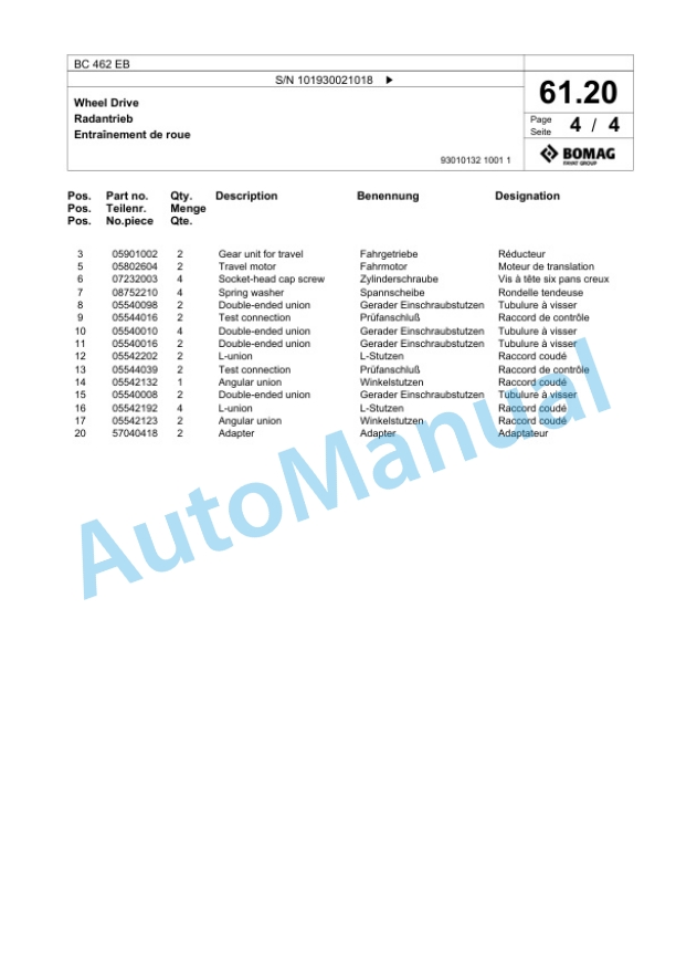 Bomag BC 462 EB Soil Compactor Spare Parts Catalogue 00818443-2