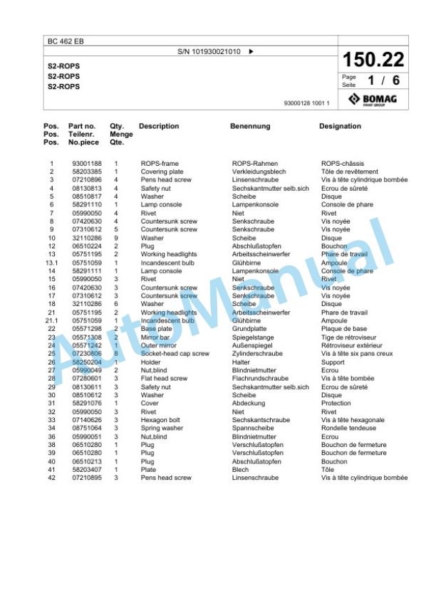 Bomag BC 462 EB Soil Compactor Spare Parts Catalogue 00818443-4