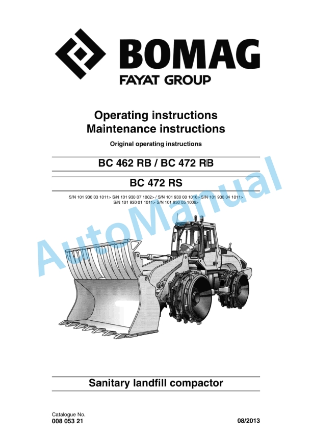 Bomag BC 462 RB, BC 472 RB, BC 472 RS Sanitary Landfill Compactor Operating and Maintenance Instructions 00805321