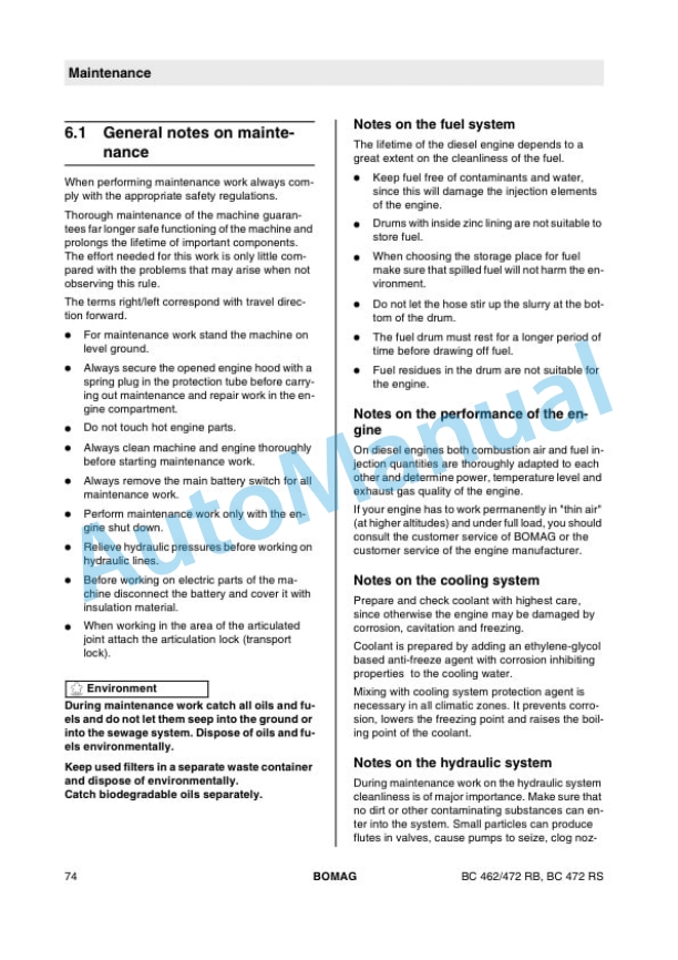 Bomag BC 462 RB, BC 472 RB, BC 472 RS Sanitary Landfill Compactor Operating and Maintenance Instructions 00805321-2