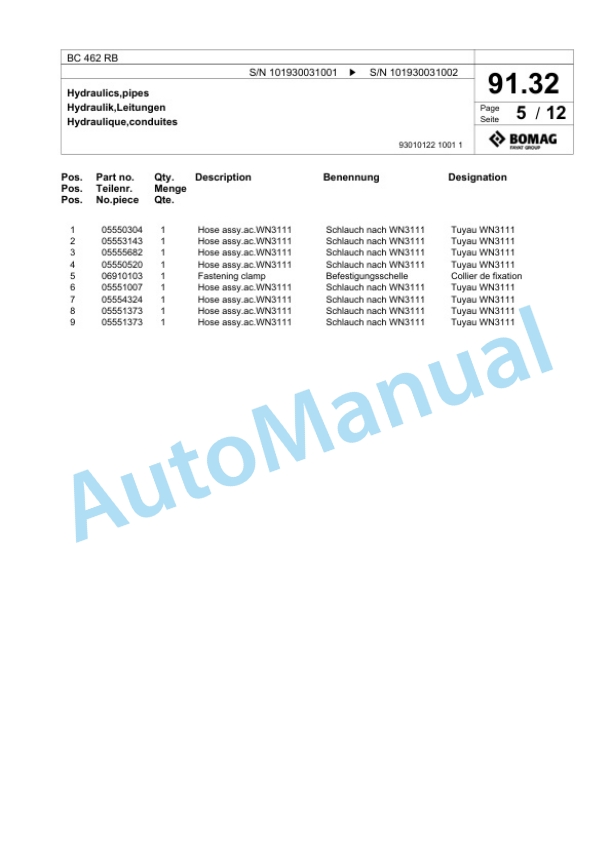 Bomag BC 462 RB Sanitary Landfill Compactor Spare Parts Catalogue 00818445-3
