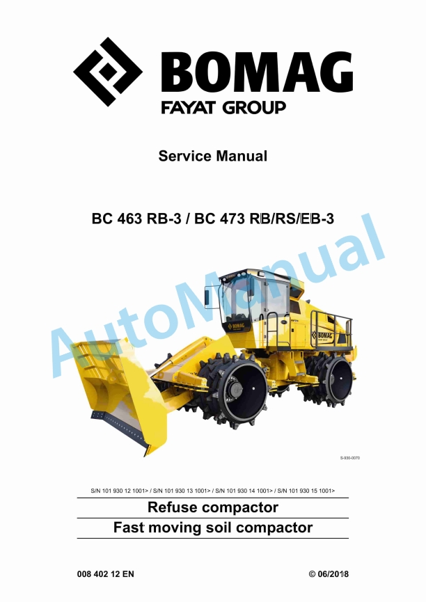 Bomag BC 463 RB-3, BC 473 RB-3, BC 473 RS-3, BC 473 EB-3 Refuse Compactor Service Manual 00840212