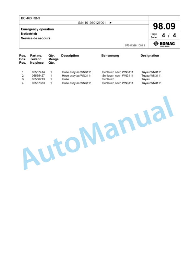Bomag BC 463 RB-3 Sanitary Landfill Compactor Spare Parts Catalogue 00825133-4