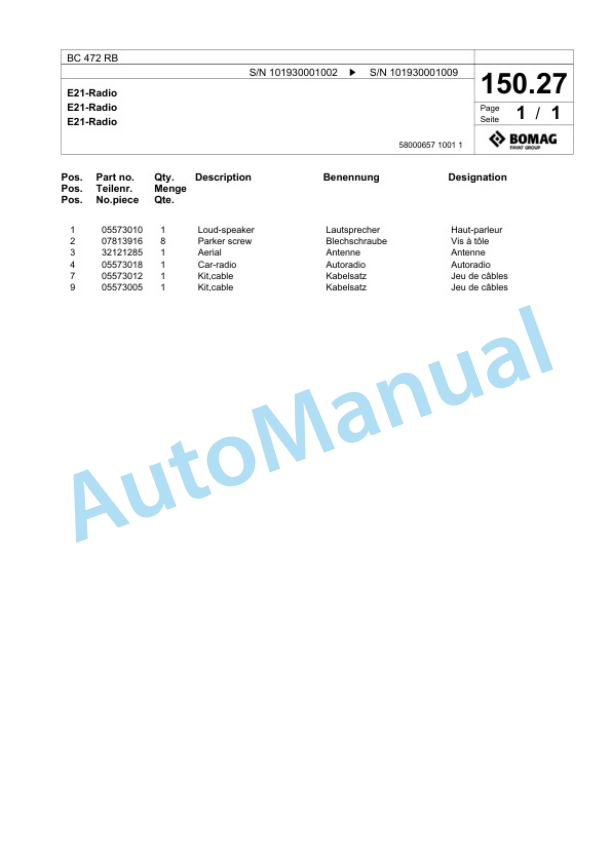 Bomag BC 472 RB Sanitary Landfill Compactor Spare Parts Catalogue 00818439-5