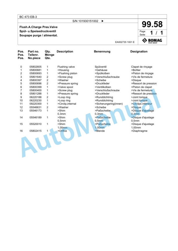 Bomag BC 473 EB-3 Sanitary Landfill Compactor Spare Parts Catalogue 00825137-5