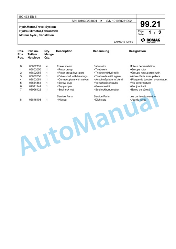 Bomag BC 473 EB-5 Soil Compactor Spare Parts Catalogue 00825761-4