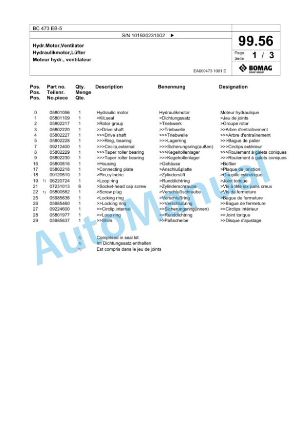 Bomag BC 473 EB-5 Soil Compactor Spare Parts Catalogue 00825761-5