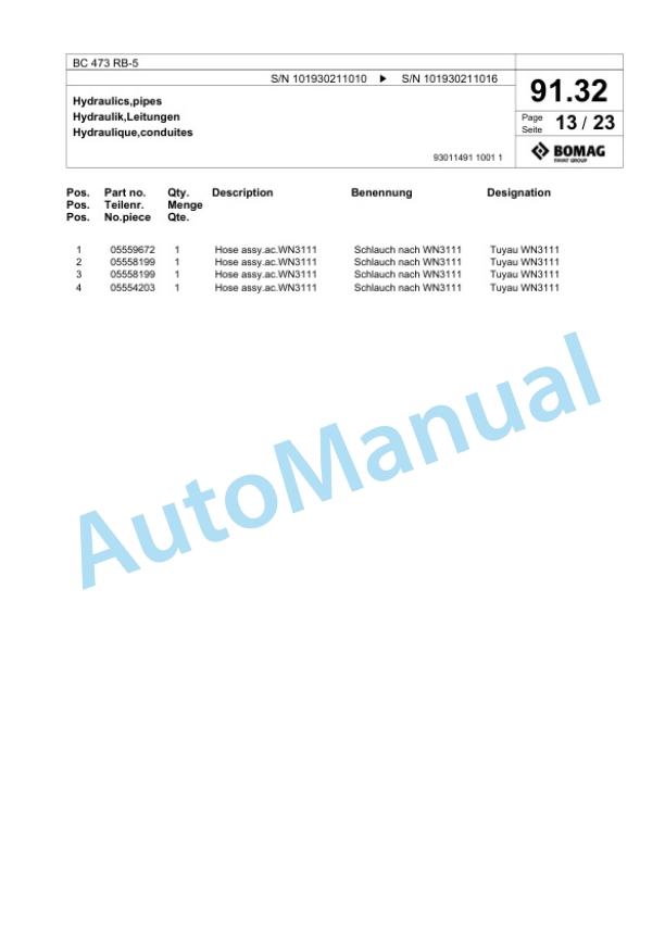 Bomag BC 473 RB-5 Sanitary Landfill Compactor Spare Parts Catalogue 00825301-3