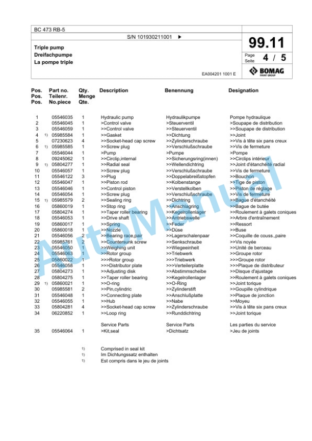 Bomag BC 473 RB-5 Sanitary Landfill Compactor Spare Parts Catalogue 00825301-4