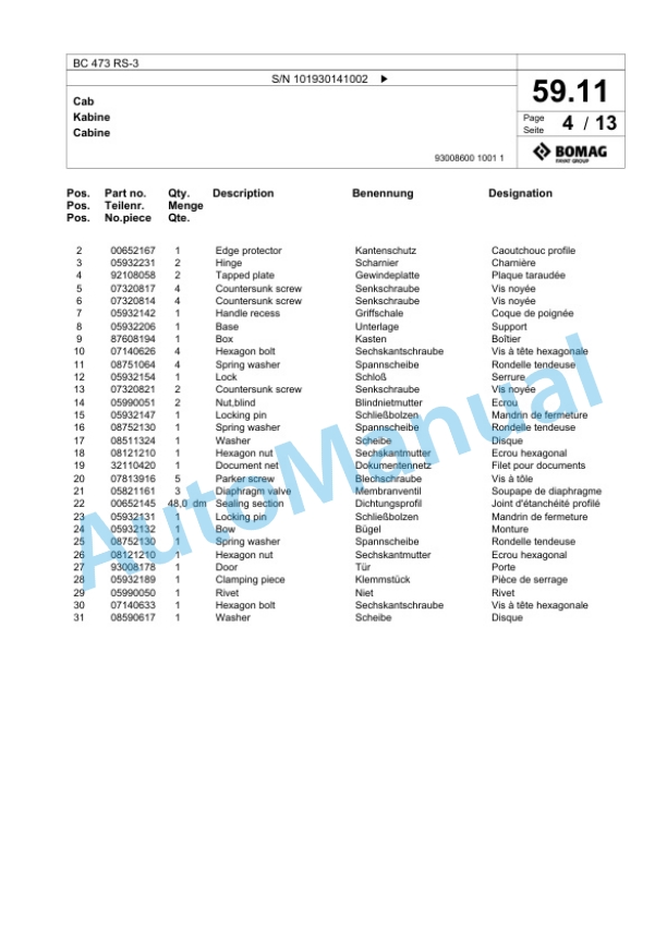 Bomag BC 473 RS-3 Sanitary Landfill Compactor Spare Parts Catalogue 00825135-2