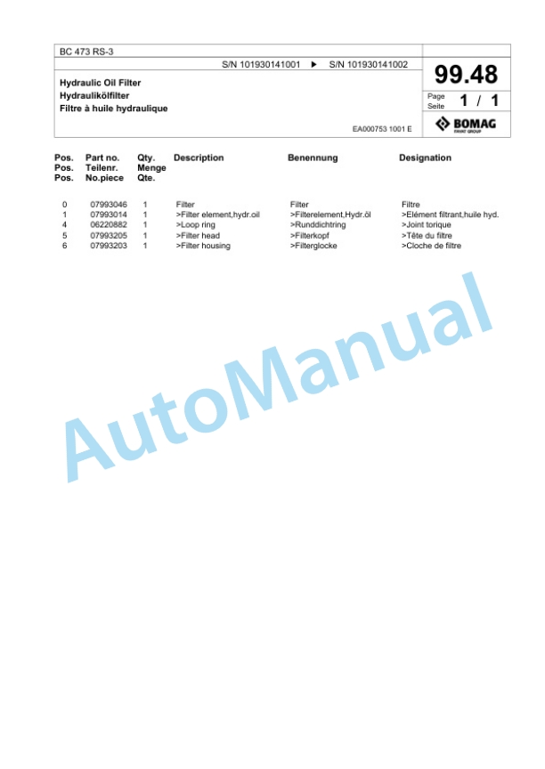 Bomag BC 473 RS-3 Sanitary Landfill Compactor Spare Parts Catalogue 00825135-5
