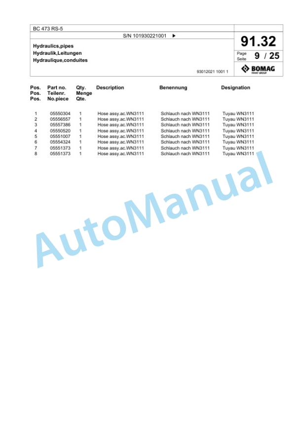 Bomag BC 473 RS-5 Sanitary Landfill Compactor Spare Parts Catalogue 00825759-3