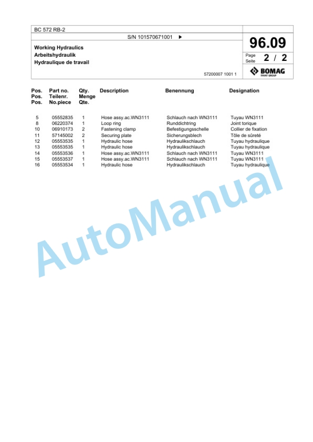 Bomag BC 572 RB-2 Sanitary Landfill Compactor Spare Parts Catalogue 00824257-3