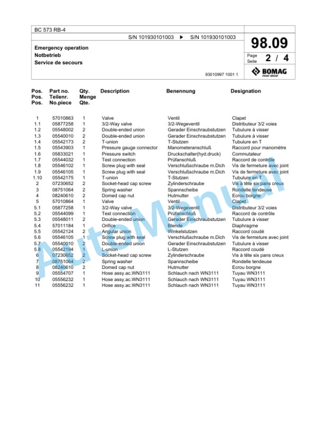 Bomag BC 573 RB-4 Sanitary Landfill Compactor Spare Parts Catalogue 00824747-3