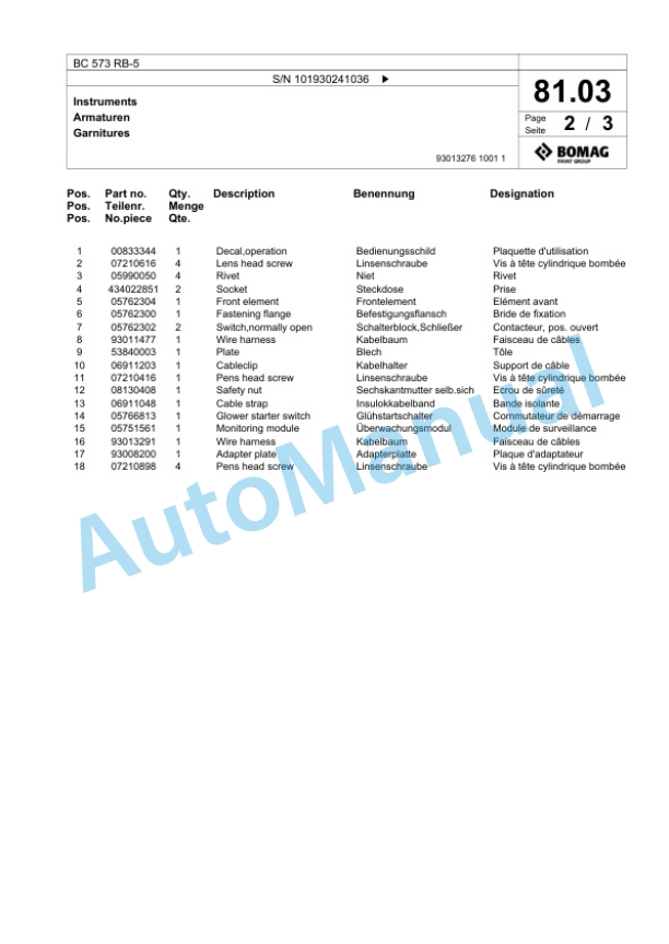 Bomag BC 573 RB-5 Sanitary Landfill Compactor Spare Parts Catalogue 00825299-2