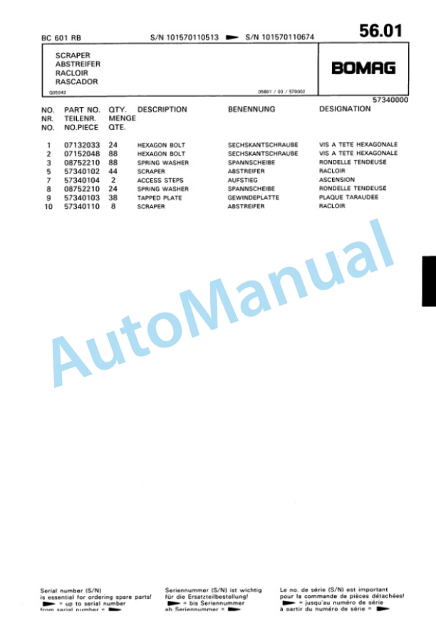 Bomag BC 601 RB Sanitary Landfill Compactor Spare Parts Catalogue 00816009-3