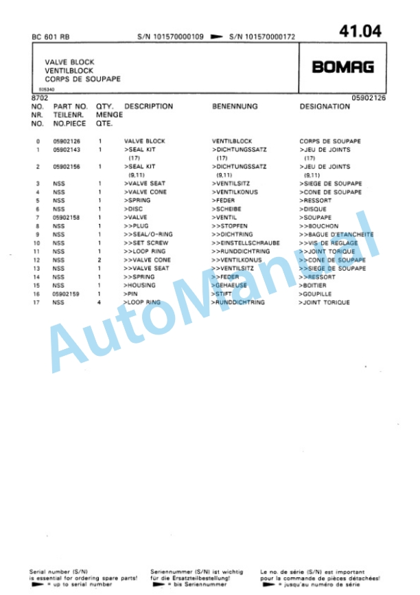 Bomag BC 601 RB Sanitary Landfill Compactor Spare Parts Catalogue 00816010-3