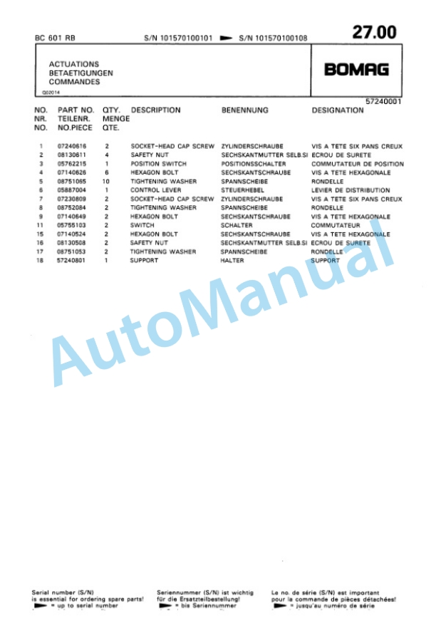 Bomag BC 601 RB Sanitary Landfill Compactor Spare Parts Catalogue 00816011-3