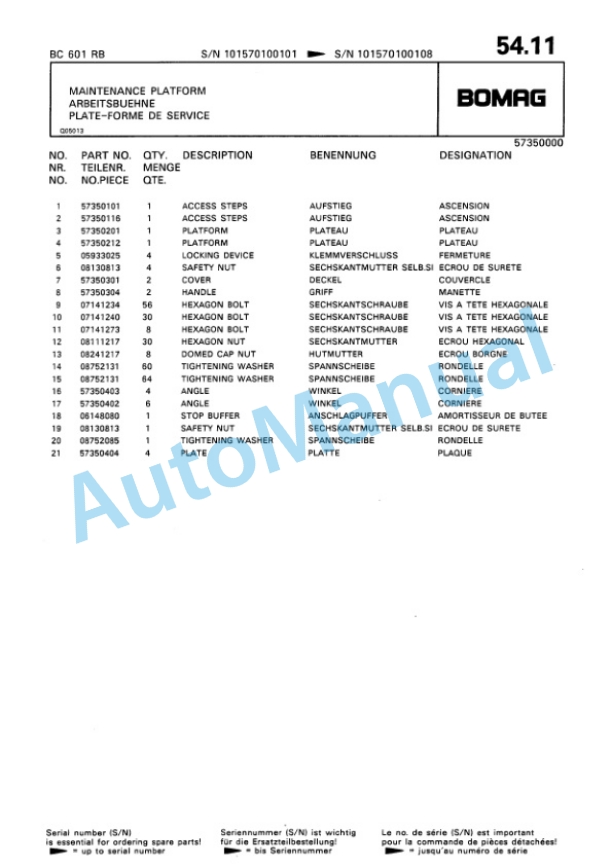 Bomag BC 601 RB Sanitary Landfill Compactor Spare Parts Catalogue 00816011-5
