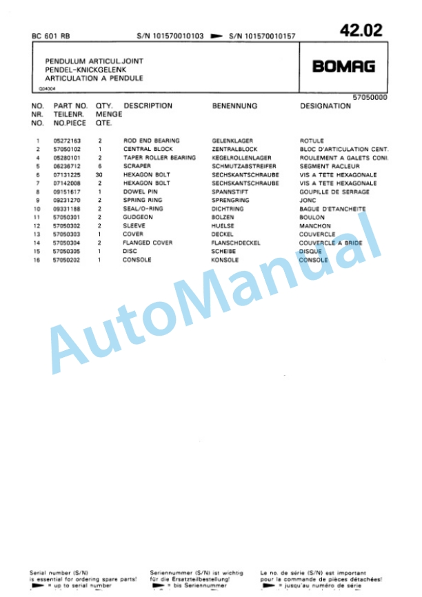 Bomag BC 601 RB Sanitary Landfill Compactor Spare Parts Catalogue 00816012-3