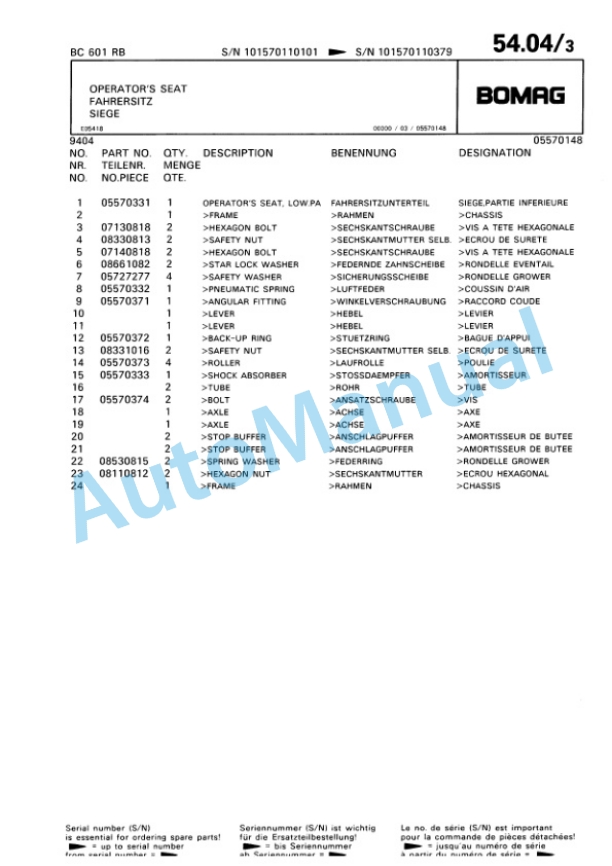 Bomag BC 601 RB Sanitary Landfill Compactor Spare Parts Catalogue 00816013-3