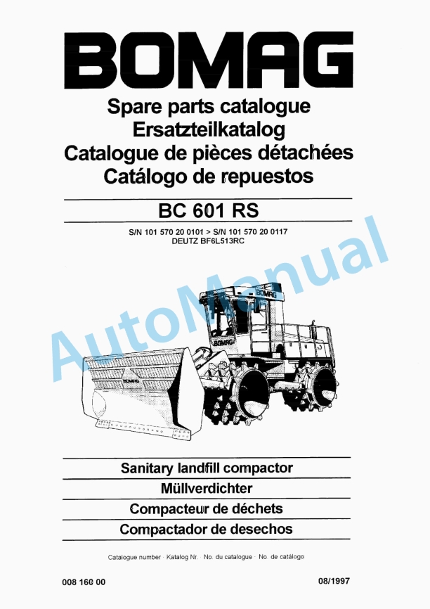 Bomag BC 601 RS Sanitary Landfill Compactor Spare Parts Catalogue 00816000
