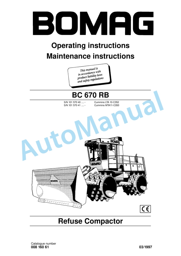Bomag BC 670 RB Refuse Compactor Operating and Maintenance Instructions 00816061